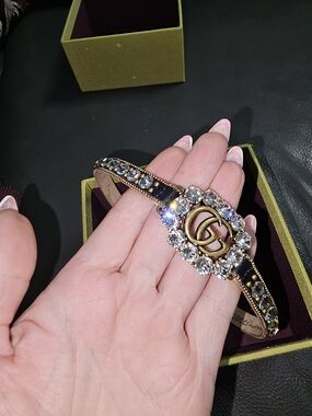 Gucci CRYSTAL GG leather Black & Gold Crystal Double G Chocker Necklace